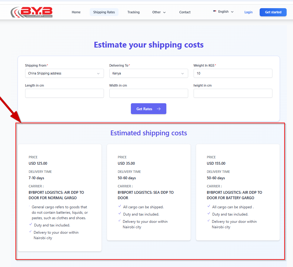 Estimates the price and timeliness information of different transportation products. Screenshot 2