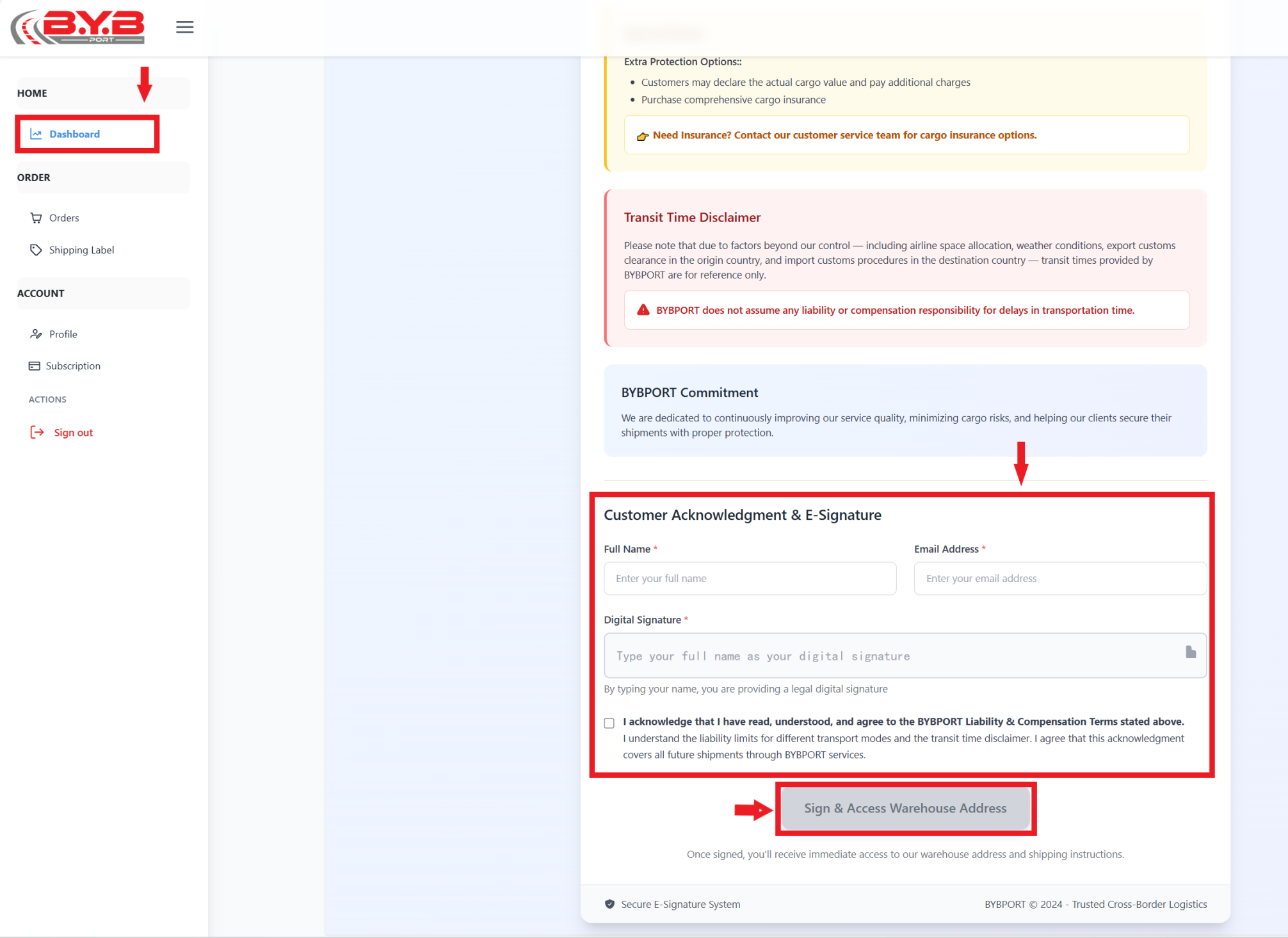 Sign the terms to obtain the warehouse address and your unique customer ID. Screenshot 1